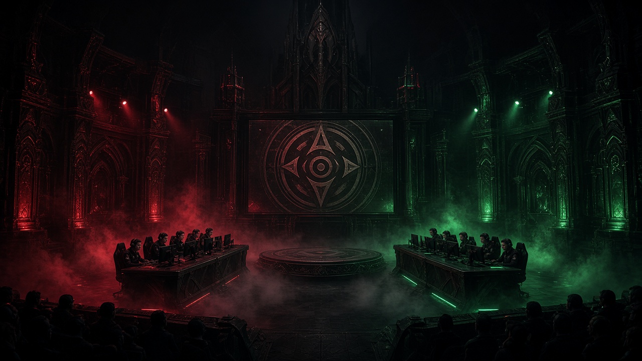 Dark stage lit in crimson and green