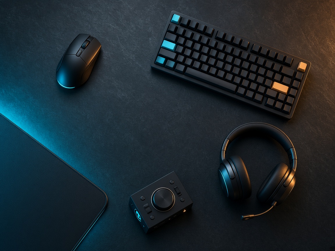 Mouse, keyboard, and headset arranged on a dark table