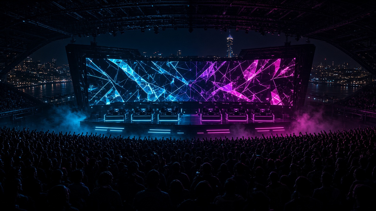 Wide arena stage set for a hero shooter weekend