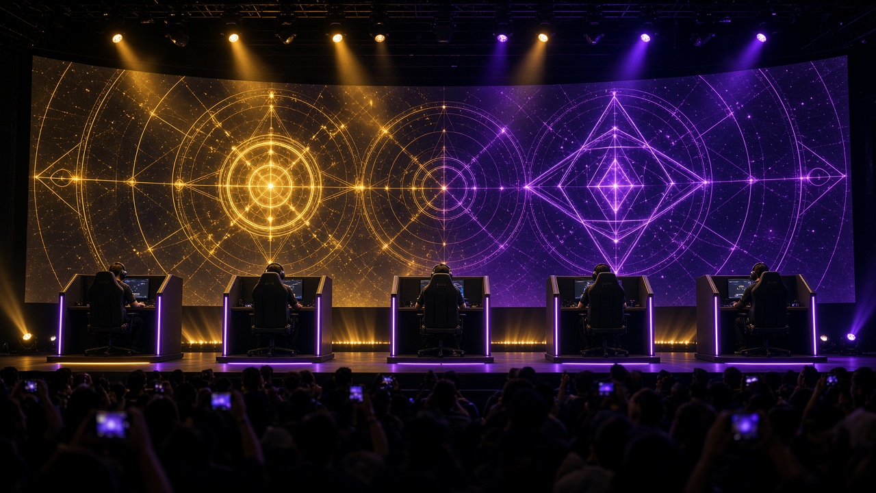 Five player booths on a gold and violet esports stage