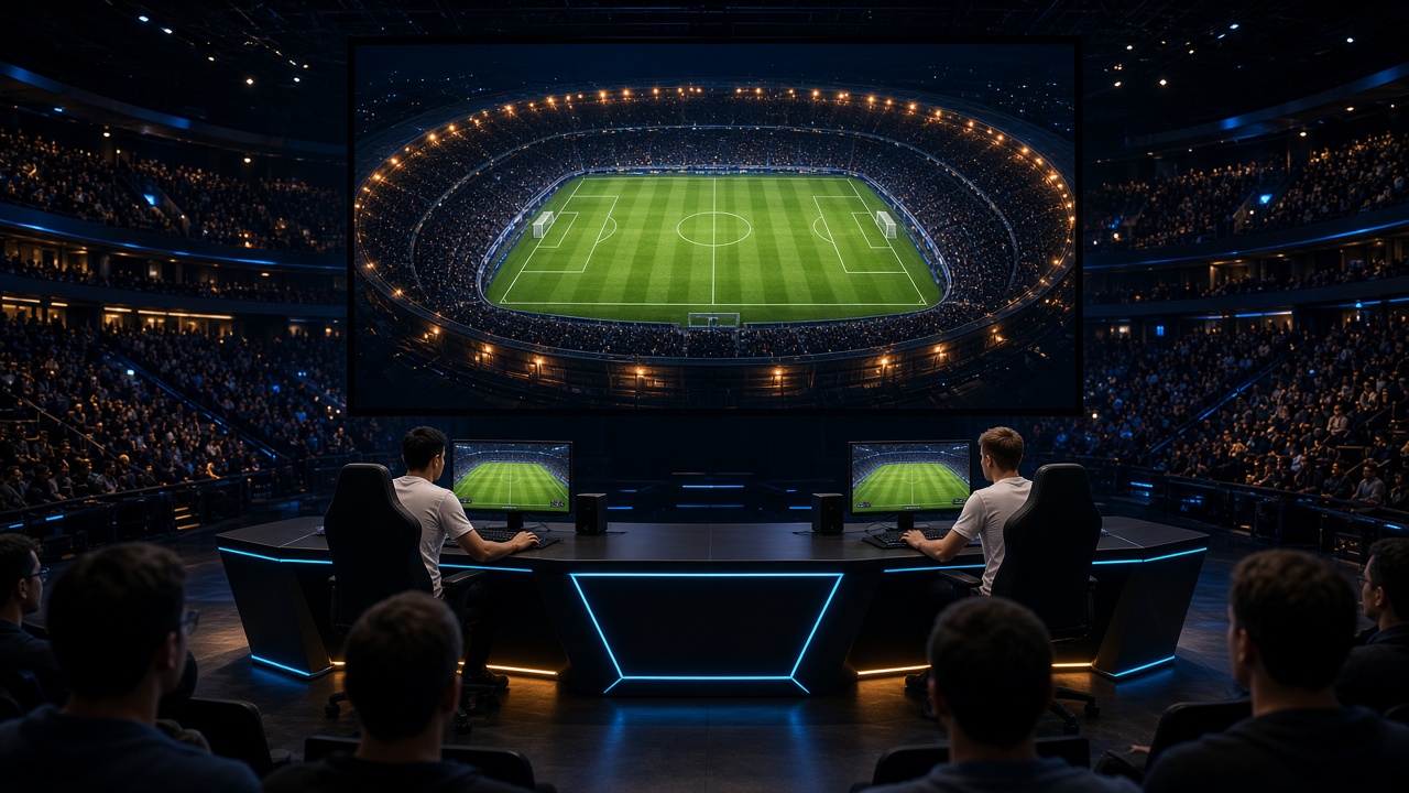 Two players facing a stadium screen at a football gaming final