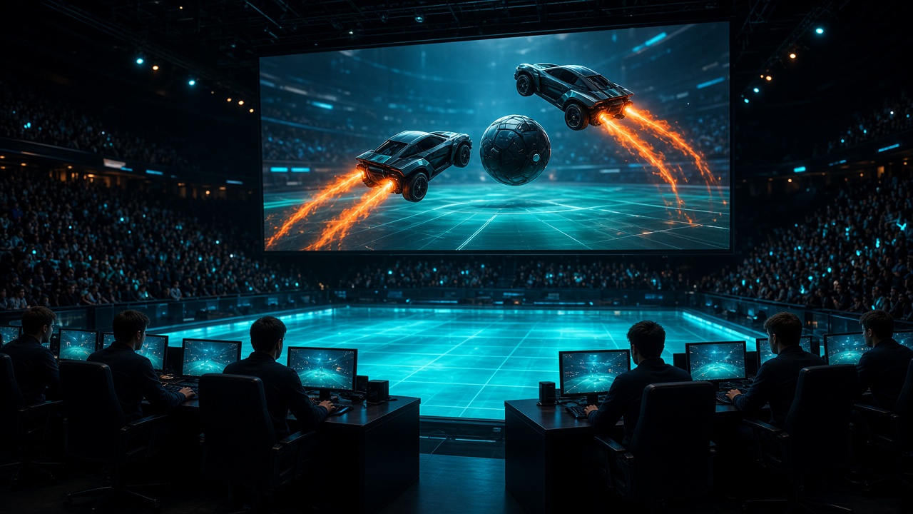 Glowing pitch and car silhouettes inside a packed arena
