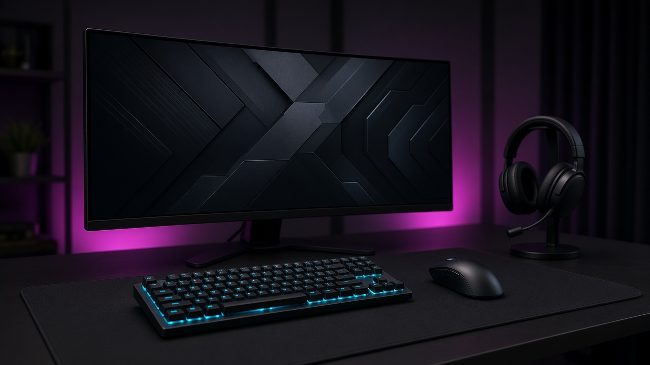 A dark desk setup with cool bias light