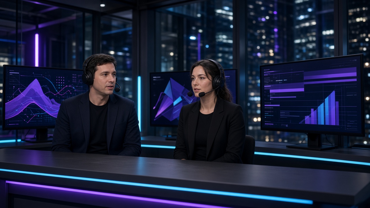 Esports broadcast desk at night with the city behind glass