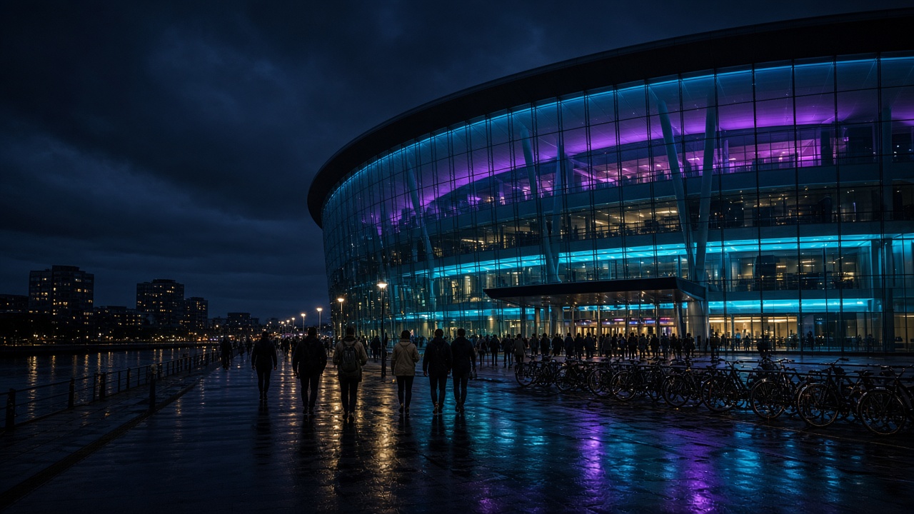 Wet pavement and cyan light outside a modern arena